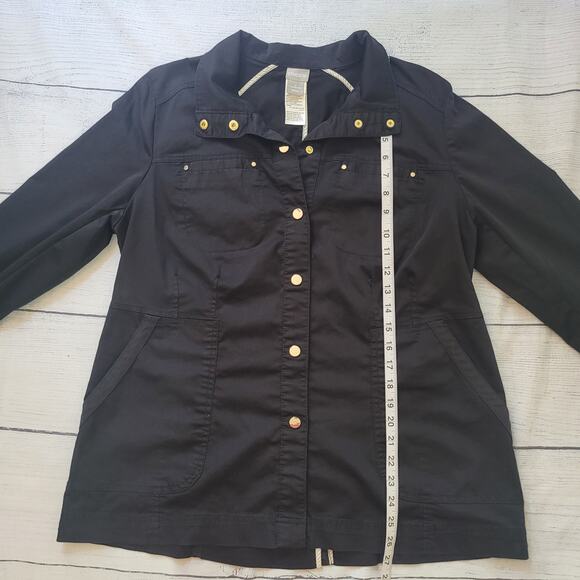 Chico's Size 2 US 12/14 Luxe Twill Utility Jacket Black Gold Minimalist Casual - Picture 7 of 9